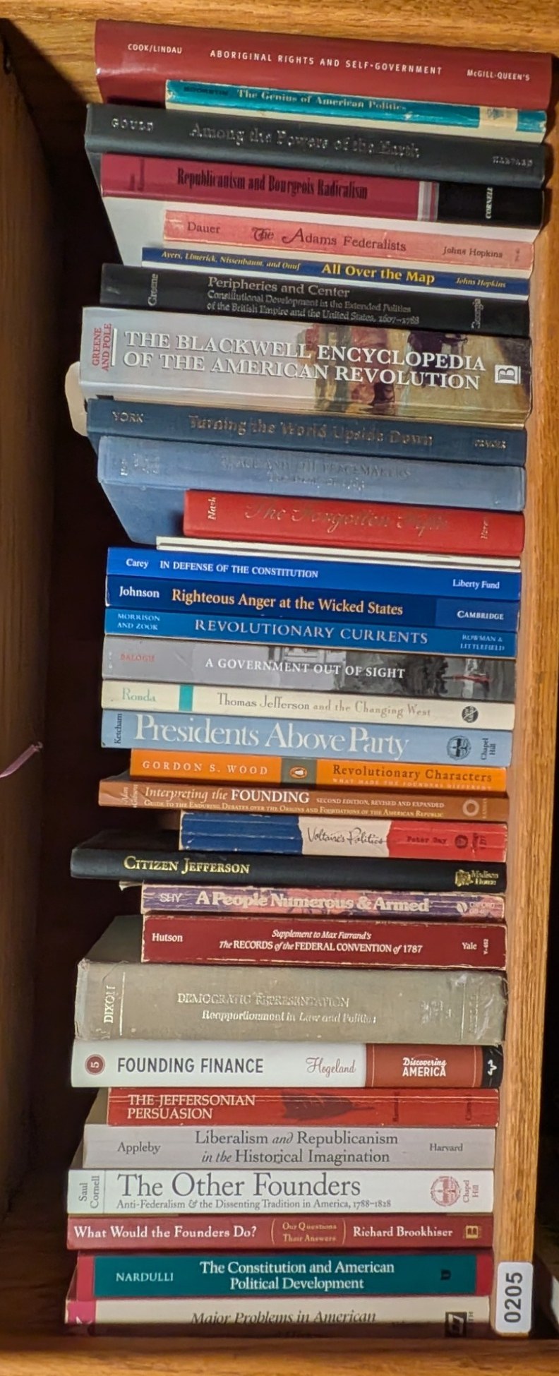 Books on Shelf 205, shown sideways to include the entire shelf