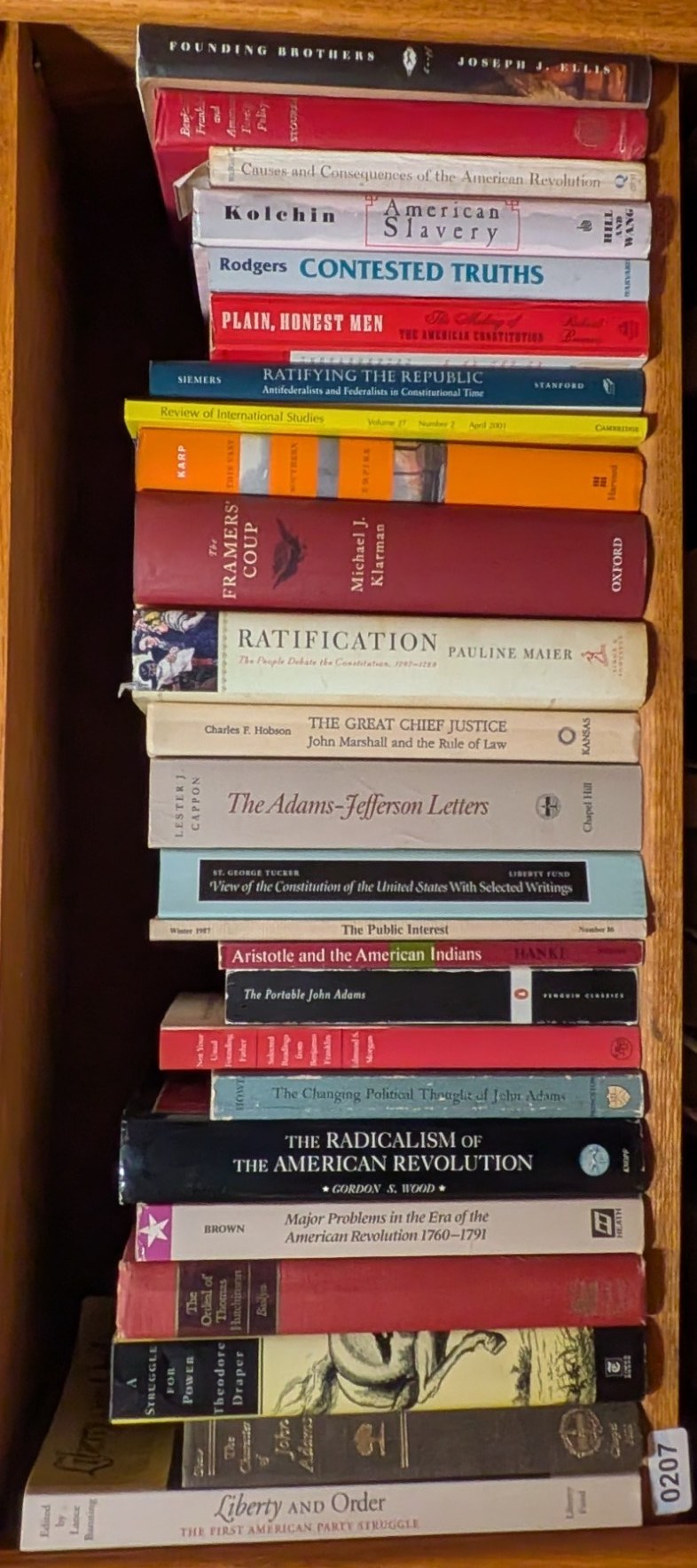 Books on Shelf 207, shown sideways to include the entire shelf