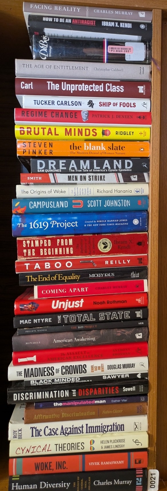 Photograph of Shelf 21; books are listed in top-to-bottom order alongside the photograph.
