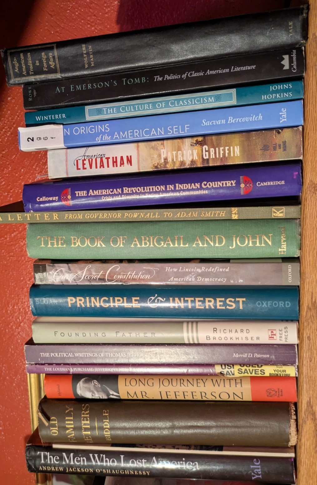 Photograph of Shelf 220; books are listed in top-to-bottom order alongside the photograph.
