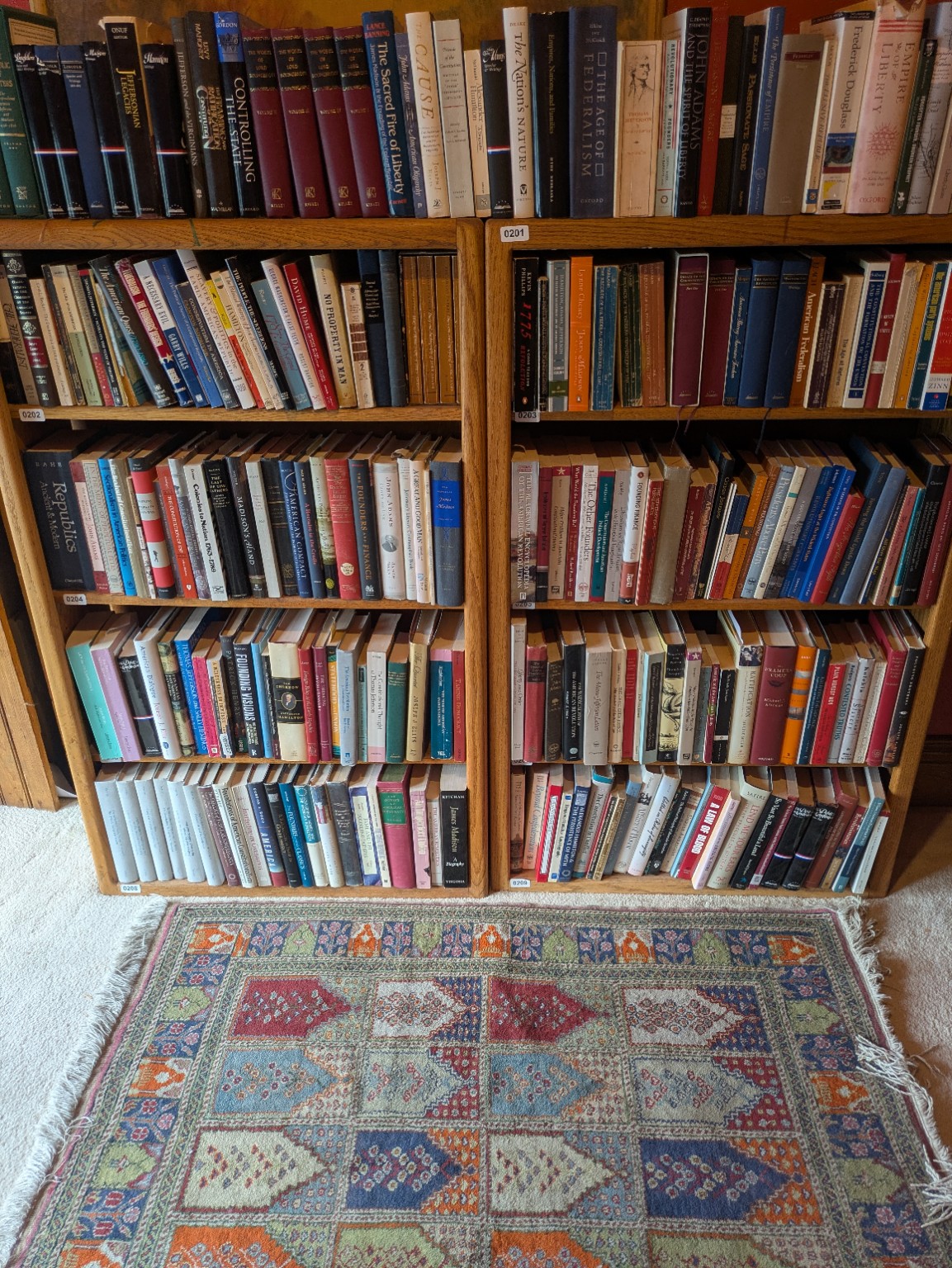 Books on the American Founding in shelves 200 through 209, with a colorful Turkish rug in front