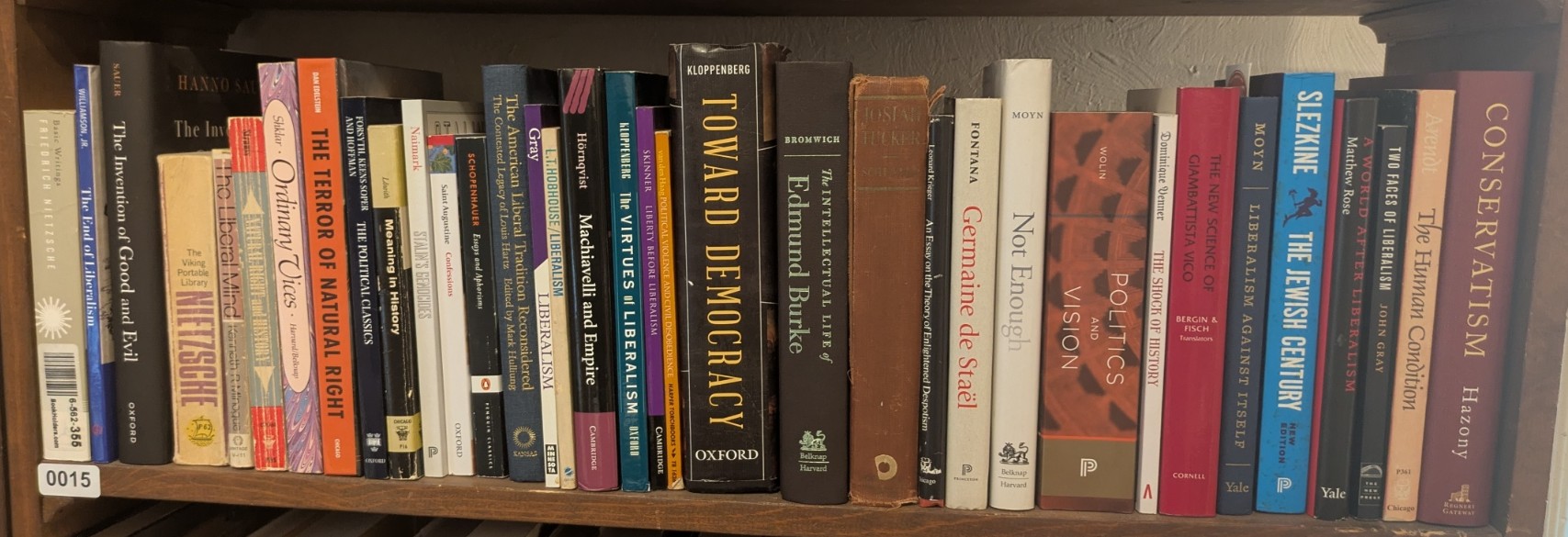 Photograph of Shelf 15 with readable book spines.