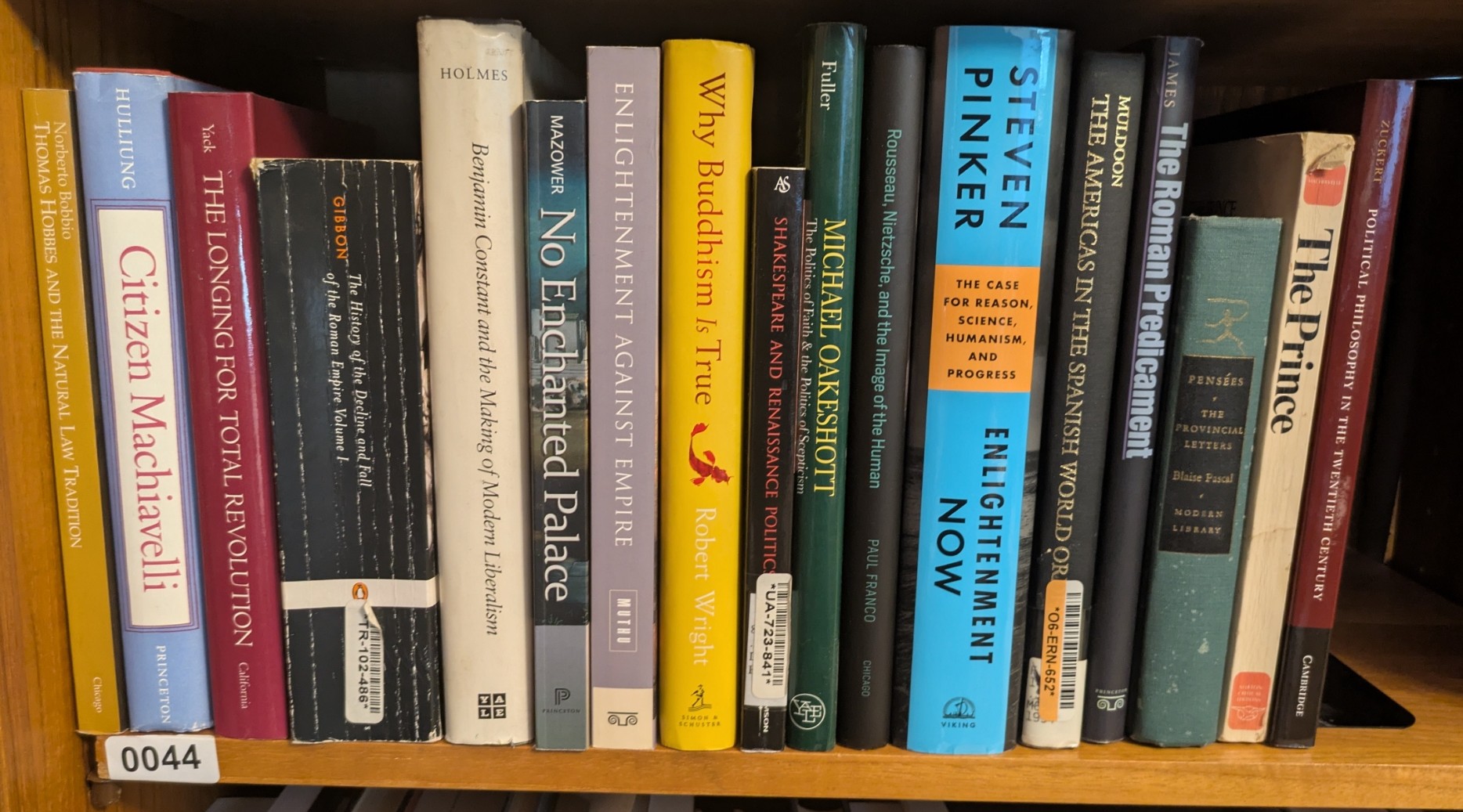 Photograph of Shelf 44 with readable book spines.