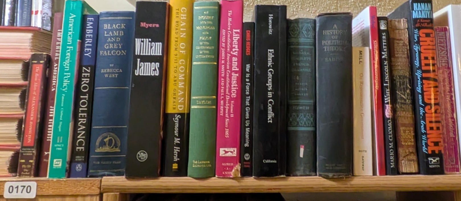 Photograph of Shelf 170 with readable book spines.