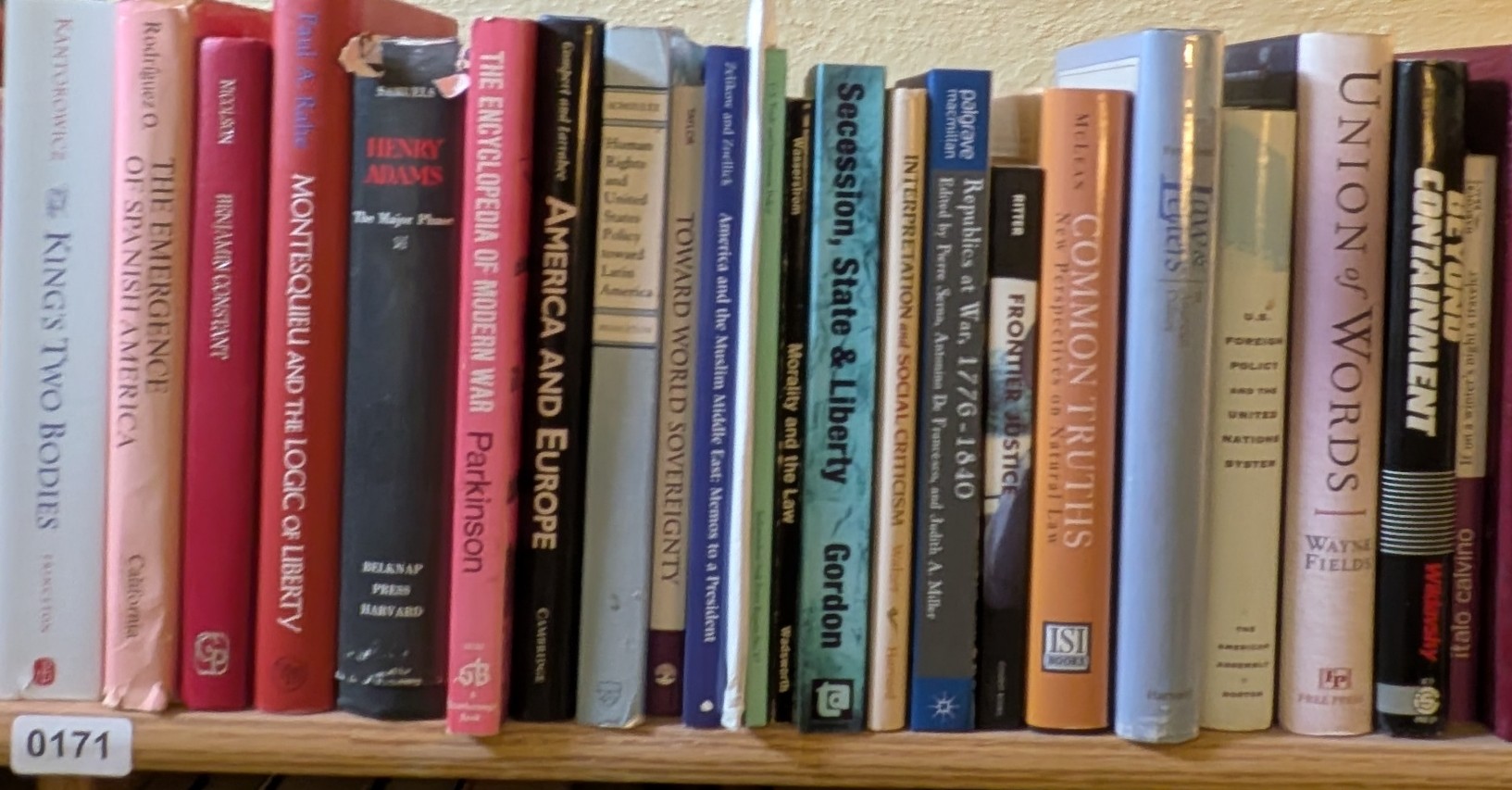 Photograph of Shelf 171 with readable book spines.