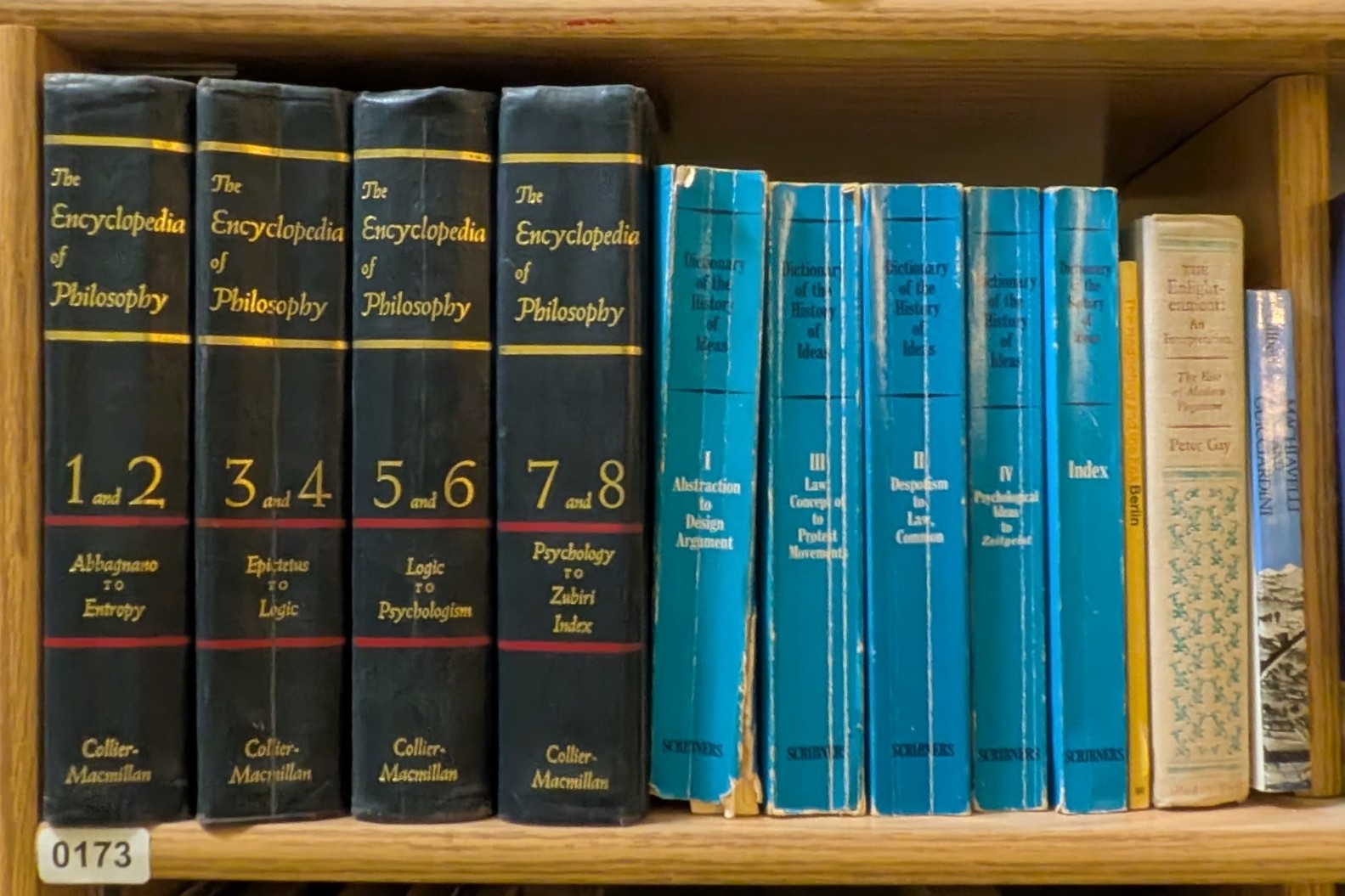 Photograph of Shelf 173 with readable book spines.