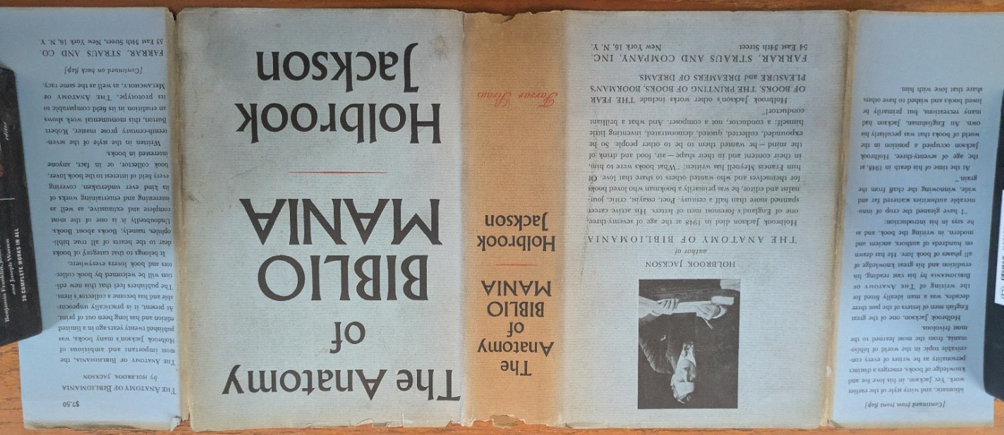 The unfolded dust jacket of Holbrook Jackson’s The Anatomy of Bibliomania, with his portrait, spine, front cover, and publisher’s description.
