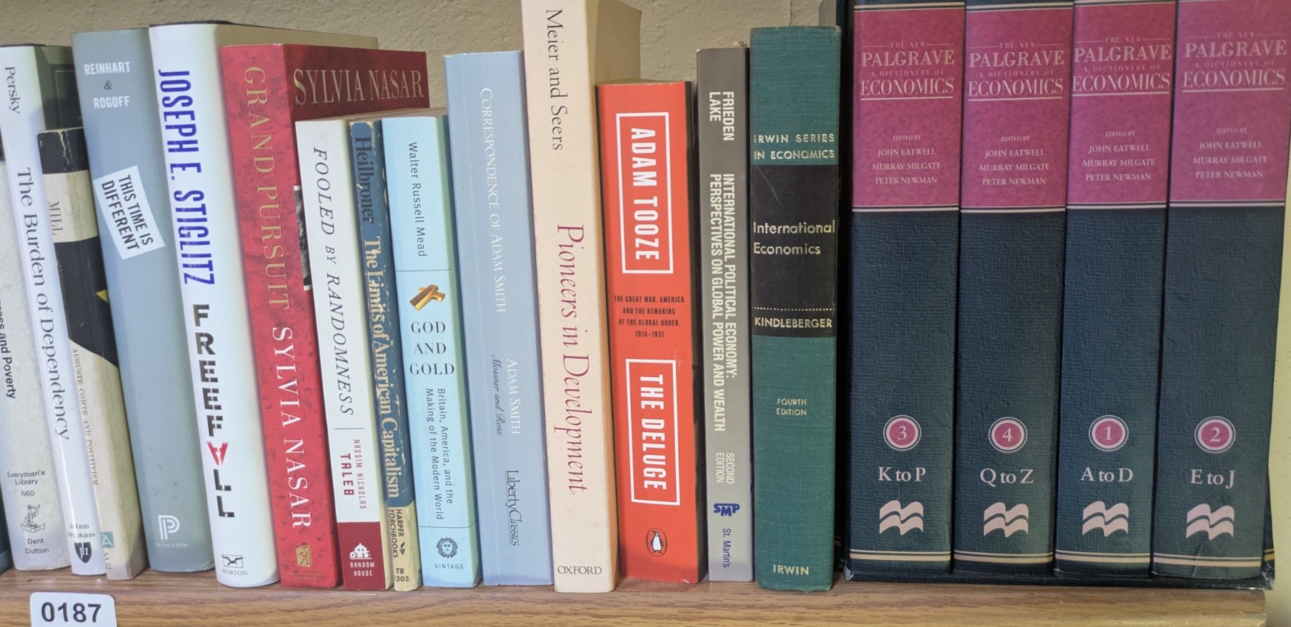 Photograph of Shelf 187; books are listed in top-to-bottom order alongside the photograph.