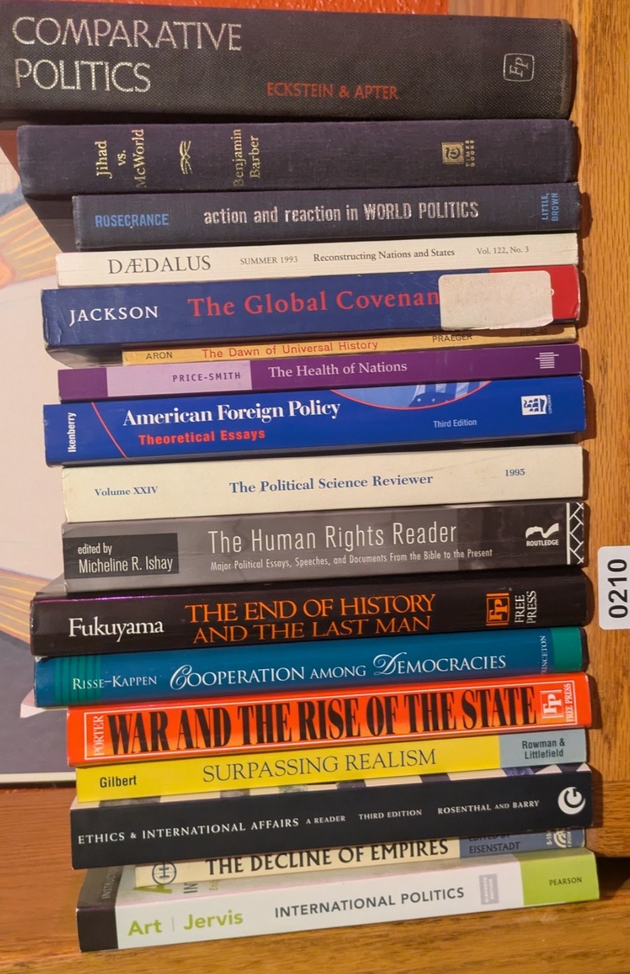 Photograph of Shelf 210; books are listed in top-to-bottom order alongside the photograph.