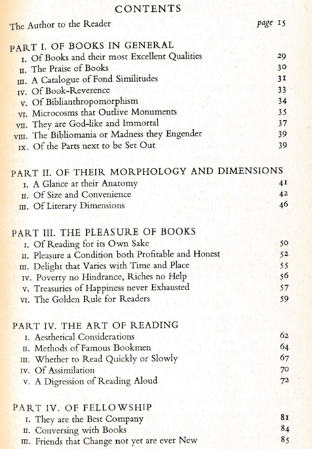 Table of contents: Parts I–V, from Of Books in General to Of Fellowship