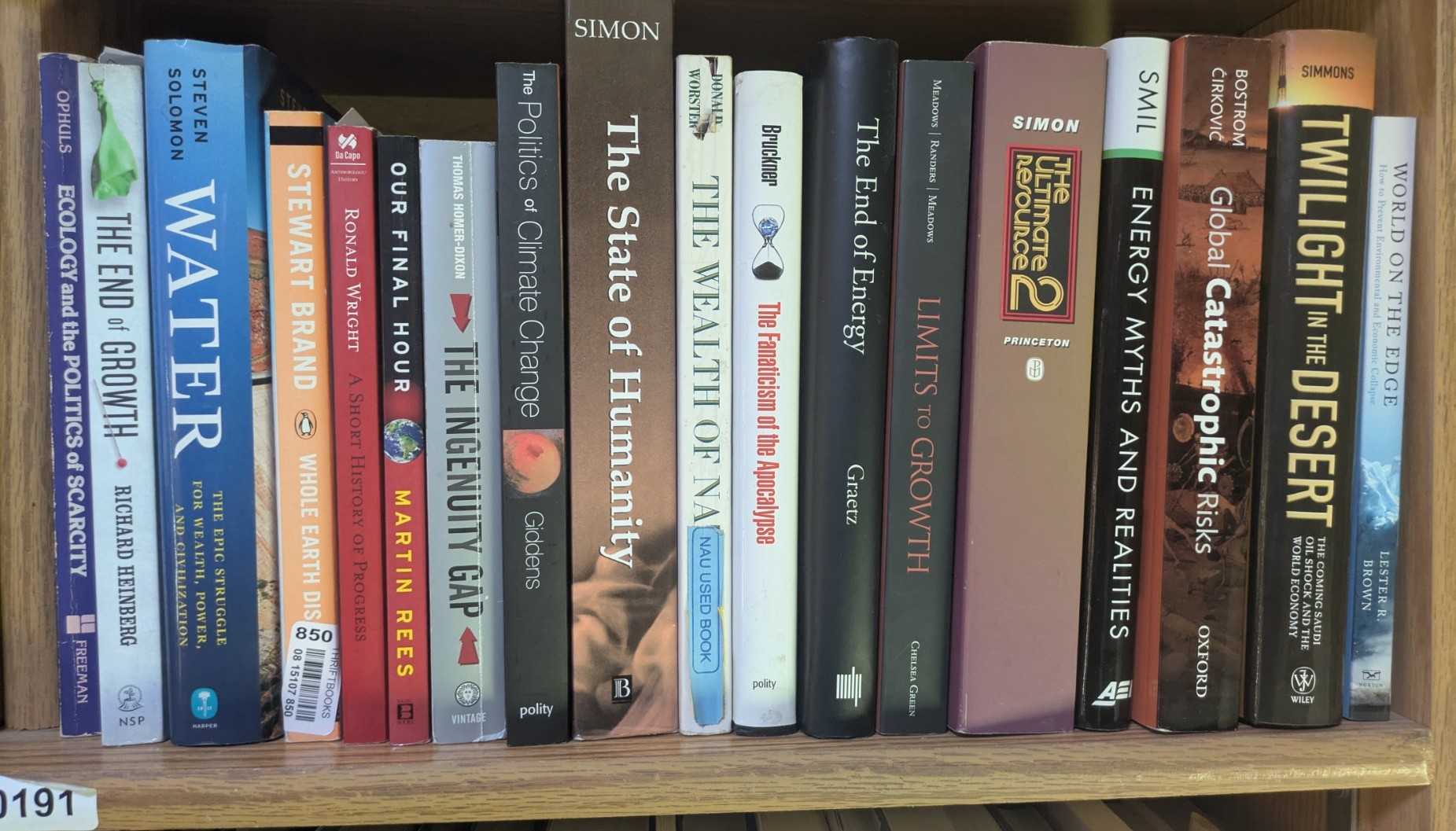 Photograph of Shelf 191; books are listed in top-to-bottom order alongside the photograph.