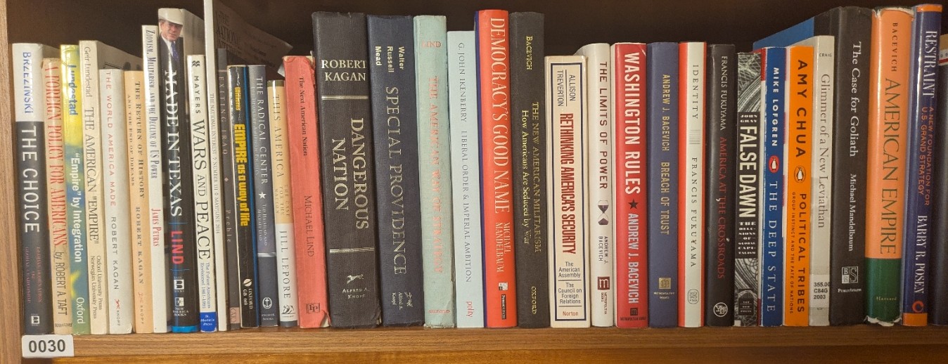 Photograph of Shelf 30; books are listed in top-to-bottom order alongside the photograph.