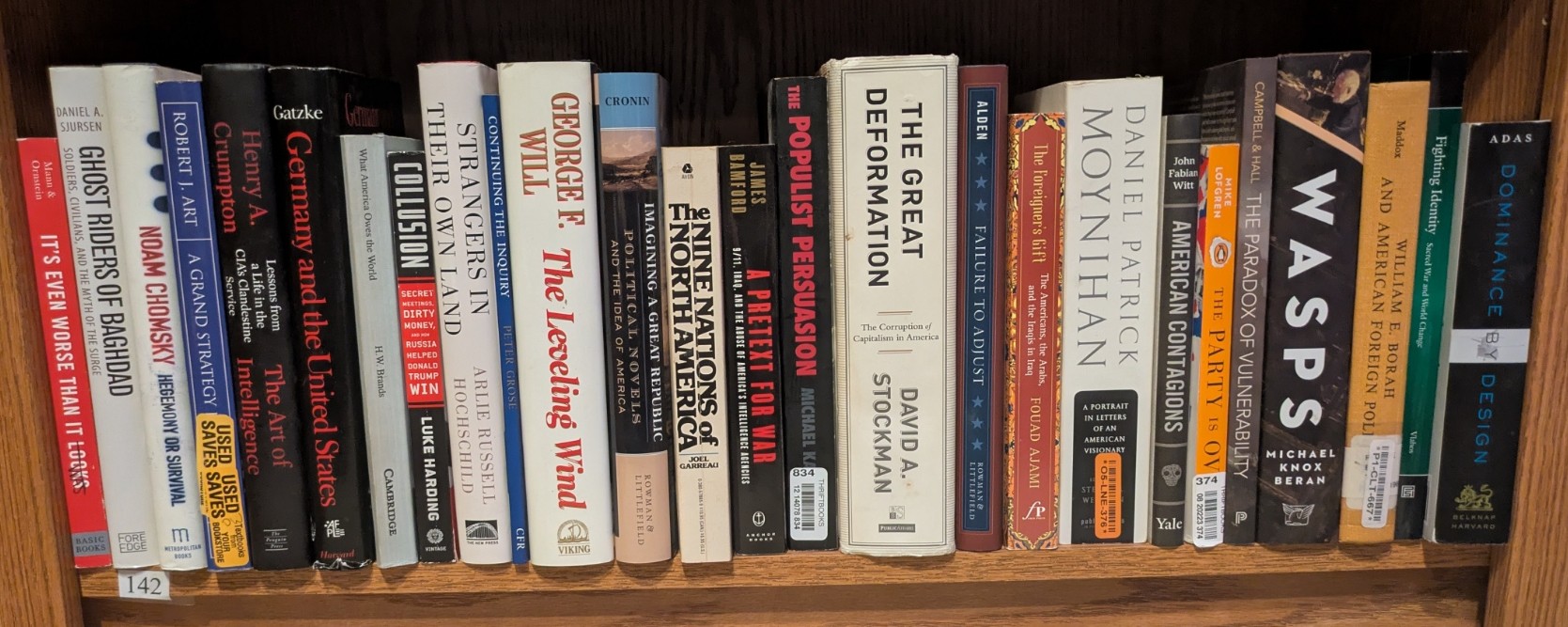 Photograph of Shelf 142; books are listed in top-to-bottom order alongside the photograph.